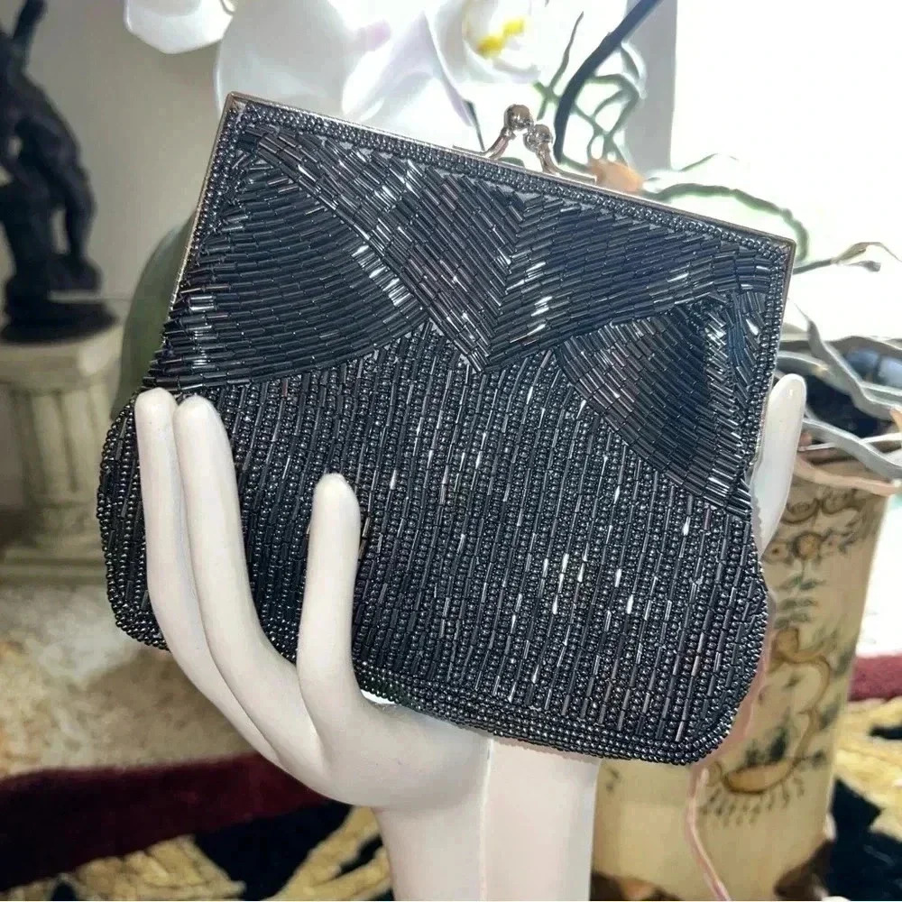 Magid Women’s Vintage Pewter Beaded Evening Bag Purse Clutch Satin Blend Lining